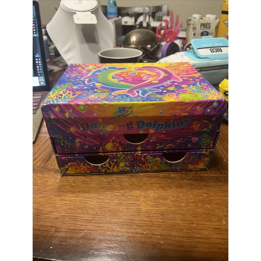 Vintage Lisa Frank Dancing Dolphins Jewelry Stationary Keepsake Box w/Mirror